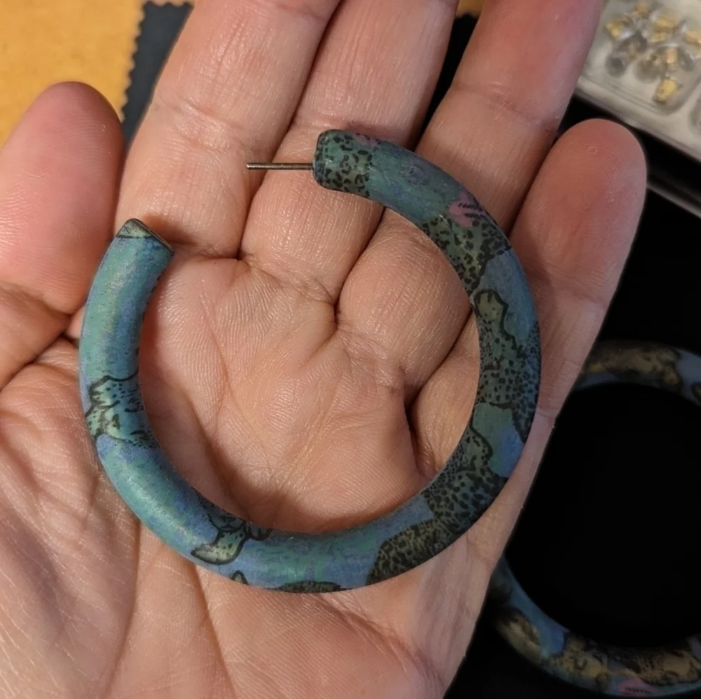 Boho Chic Hoop Earrings Leopard Print Blue Tan Statement Earrings Unique Jewelry